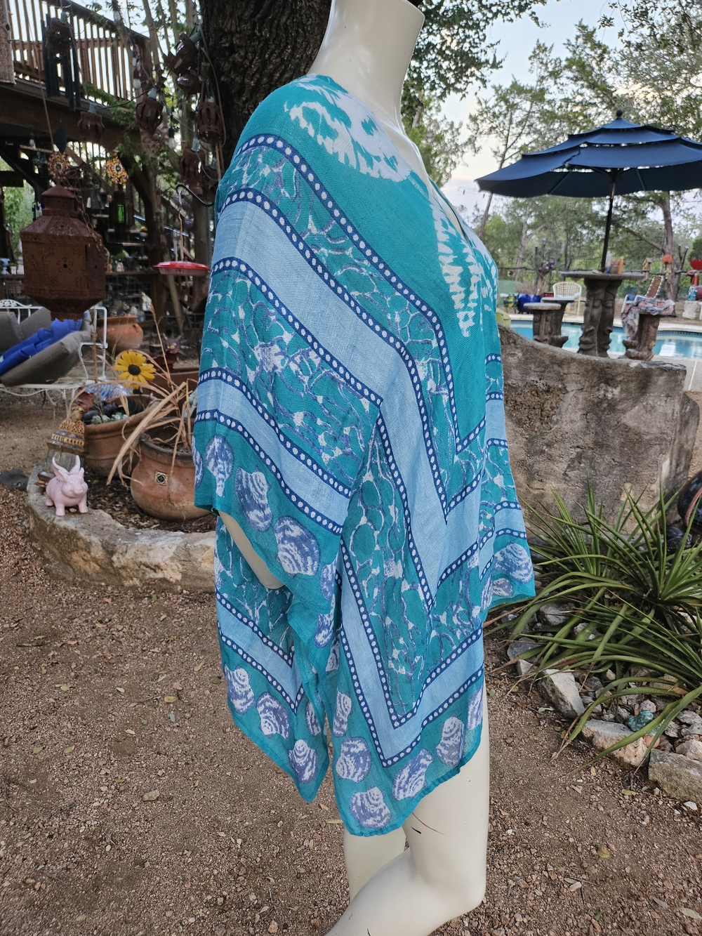 New W Tag Mud Pie Turquoise Blue V-Neck Sea Breeze Poncho Linen Swim Cover-Up OS - Picture 2 of 10